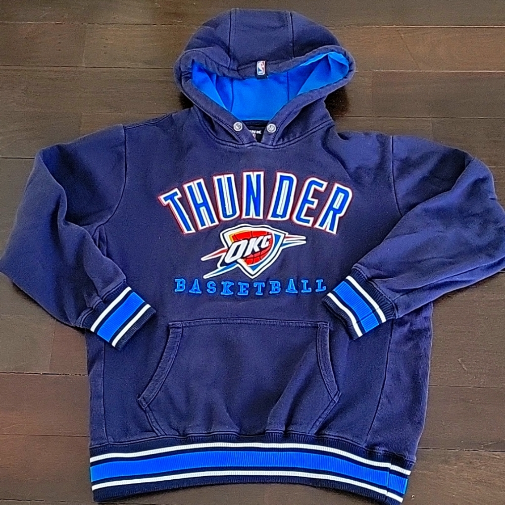 KID'S NAVY BLUE NBA THUNDER OKC BASKETBALL PULLOVER SWEATER HOODIE SWEATSHIRT LG